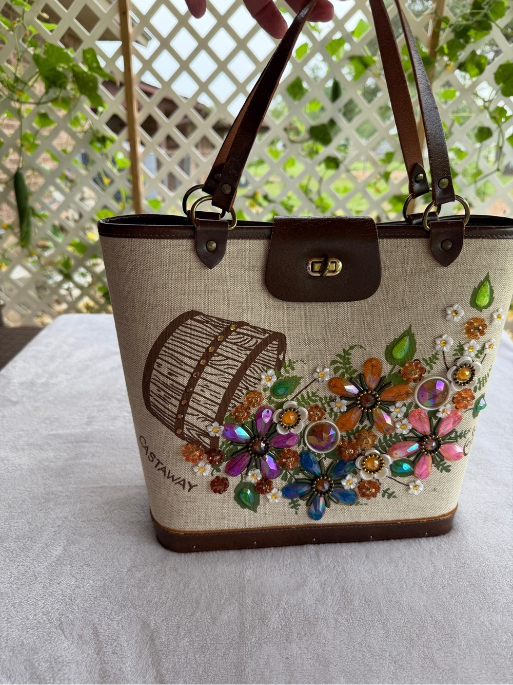 Vintage Enid Collins Castaway Jeweled Wood Bottom Tote Bag Floral Garden Purse